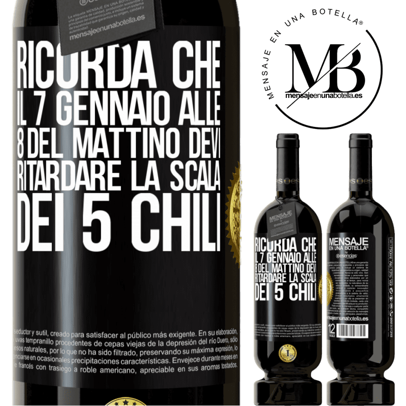 49,95 € Spedizione Gratuita | Vino rosso Edizione Premium MBS® Riserva Ricorda che il 7 gennaio alle 8 del mattino devi ritardare la scala dei 5 chili Etichetta Nera. Etichetta personalizzabile Riserva 12 Mesi Raccogliere 2014 Tempranillo