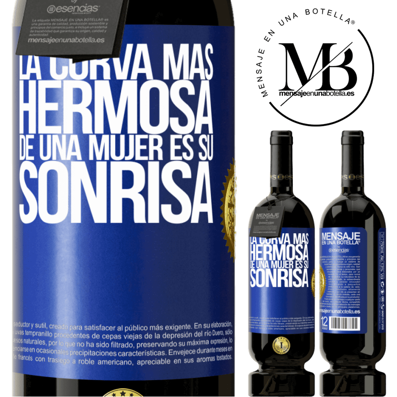 49,95 € Envío gratis | Vino Tinto Edición Premium MBS® Reserva La curva más hermosa de una mujer es su sonrisa Etiqueta Azul. Etiqueta personalizable Reserva 12 Meses Cosecha 2016 Tempranillo