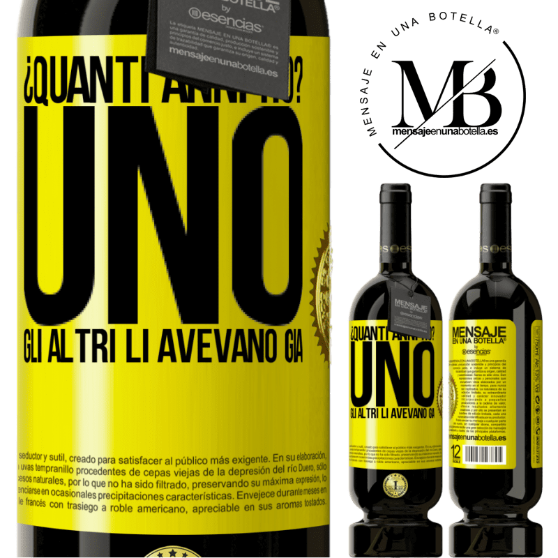 49,95 € Spedizione Gratuita | Vino rosso Edizione Premium MBS® Riserva ¿Quanti anni ho? UNO. Gli altri li avevano già Etichetta Gialla. Etichetta personalizzabile Riserva 12 Mesi Raccogliere 2016 Tempranillo