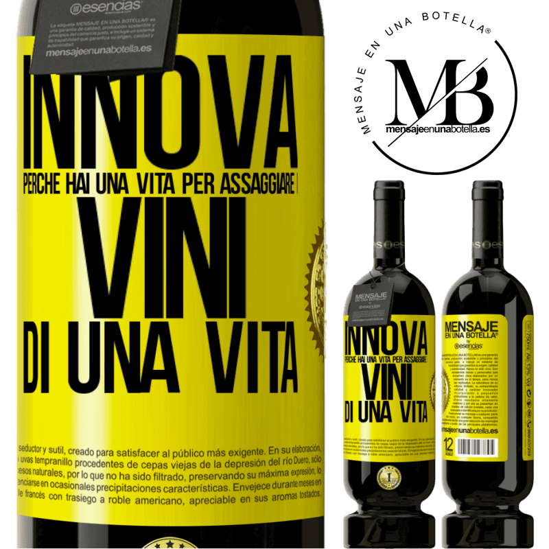 49,95 € Spedizione Gratuita | Vino rosso Edizione Premium MBS® Riserva Innova, perché hai una vita per assaggiare i vini di una vita Etichetta Gialla. Etichetta personalizzabile Riserva 12 Mesi Raccogliere 2014 Tempranillo