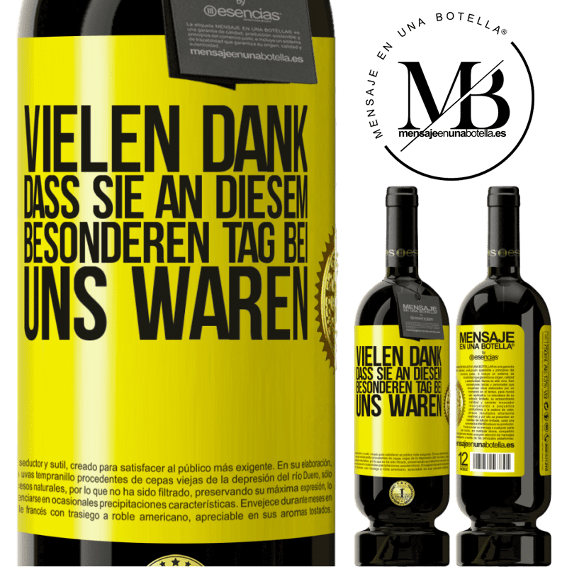 29,95 € Kostenloser Versand | Rotwein Premium Ausgabe MBS® Reserva Vielen Dank, dass Sie an diesem besonderen Tag bei uns waren Gelbes Etikett. Anpassbares Etikett Reserva 12 Monate Ernte 2014 Tempranillo