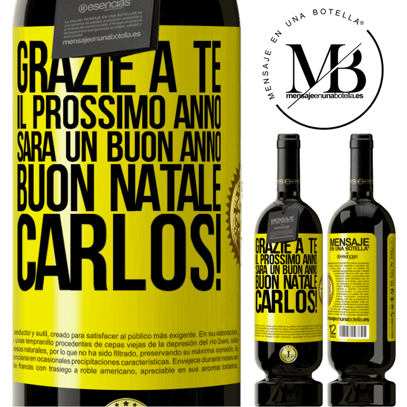 49,95 € Spedizione Gratuita | Vino rosso Edizione Premium MBS® Riserva Grazie a te il prossimo anno sarà un buon anno. Buon Natale, Carlos! Etichetta Gialla. Etichetta personalizzabile Riserva 12 Mesi Raccogliere 2014 Tempranillo