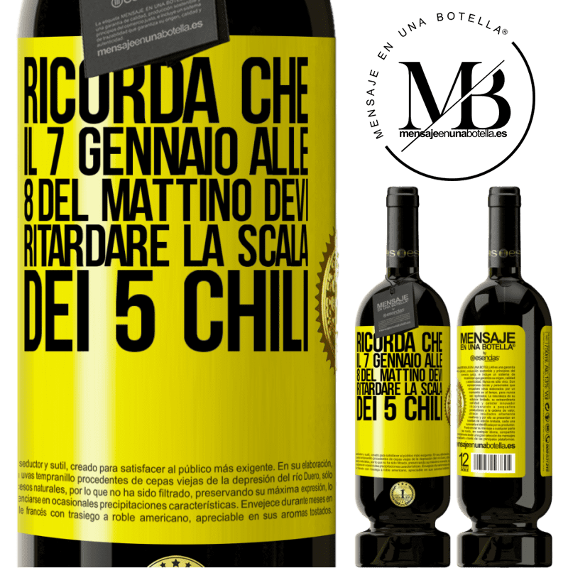 49,95 € Spedizione Gratuita | Vino rosso Edizione Premium MBS® Riserva Ricorda che il 7 gennaio alle 8 del mattino devi ritardare la scala dei 5 chili Etichetta Gialla. Etichetta personalizzabile Riserva 12 Mesi Raccogliere 2014 Tempranillo