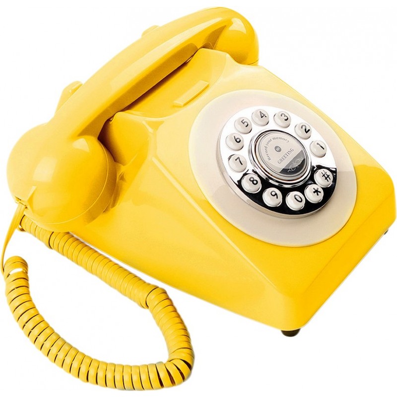 149,95 € Kostenloser Versand | Audio Guest Book Retro-Telefon im Druckknopf-Wählstil. Nachgebautes britisches GPO-Telefon für Partys und Feiern Gelb Farbe
