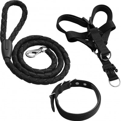 Medium (M) Pet collar leash harness. Breathable adjustable nylon Black
