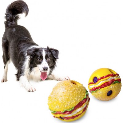 Brinquedo de cachorro em forma de hambúrguer. Bola com sons engraçados