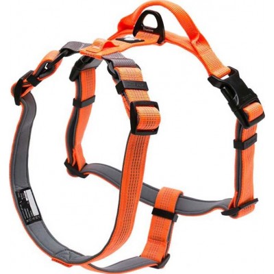 Medium (M) Neoprene padded. Dog and pet body harness with handle strap security belt Orange
