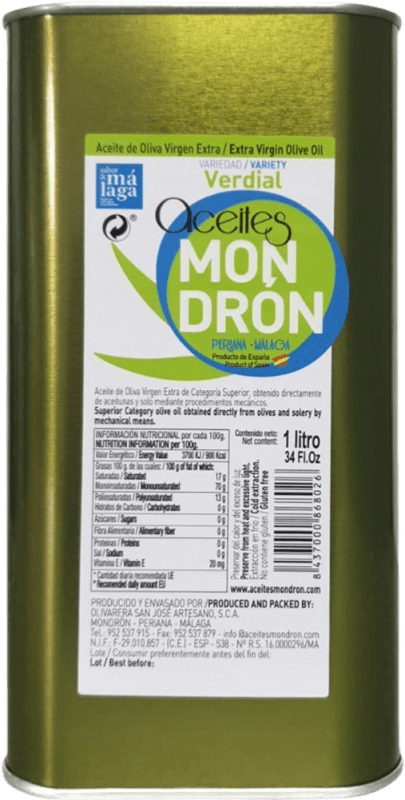 Free Shipping | Olive Oil Mondrón EVOO Extra Virgin Málaga Spain Verdial Medium Can 1 L