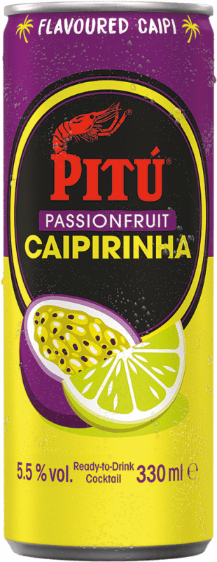 46,95 € Бесплатная доставка | Коробка из 12 единиц Cachaza Pitú Caipirinha con Fruta de la Pasión Алюминиевая банка 33 cl