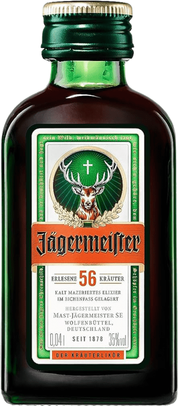 58,95 € Spedizione Gratuita | Scatola da 24 unità Liquore alle Erbe Mast Jägermeister Bottiglietta Mignon 4 cl