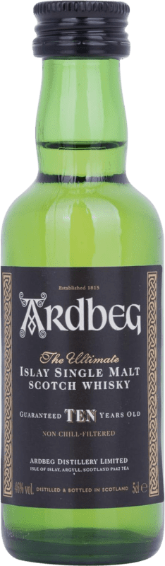 25,95 € Envio grátis | Whisky Single Malt Ardbeg 10 Anos Garrafa Miniatura 5 cl