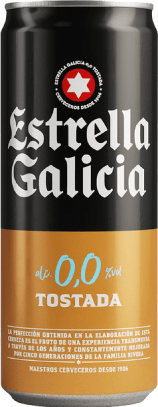 42,95 € Envio grátis | Caixa de 24 unidades Cerveja Estrella Galicia Tostada Lager 0,0 Lata 33 cl