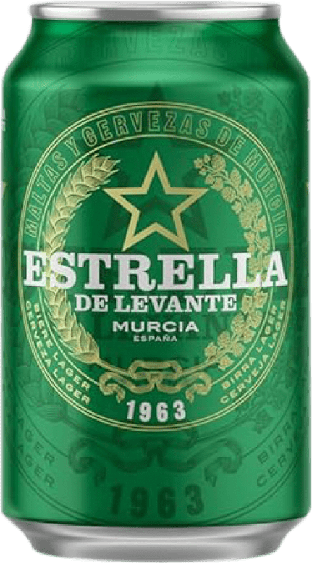 Kostenloser Versand | 24 Einheiten Box Bier Estrella de Levante Lager Region von Murcia Spanien Alu-Dose 33 cl