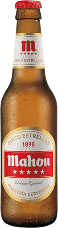 Kostenloser Versand | 24 Einheiten Box Bier Mahou 5 Estrellas Vidrio RET Gemeinschaft von Madrid Spanien Drittel-Liter-Flasche 33 cl