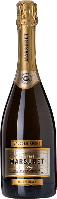 Бесплатная доставка | Белое игристое Marsuret Dry Agostino сухой D.O.C.G. Prosecco di Conegliano-Valdobbiadene Венето Италия Glera, Bianchetta, Verdiso, Perera 75 cl