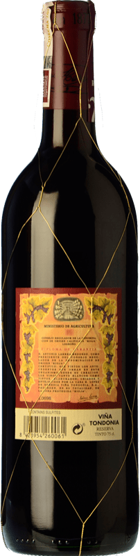 19,95 € Envío gratis | Vino tinto López de Heredia Viña Tondonia Reserva D.O.Ca. Rioja La Rioja España Tempranillo, Garnacha, Graciano, Mazuelo Media Botella 37 cl