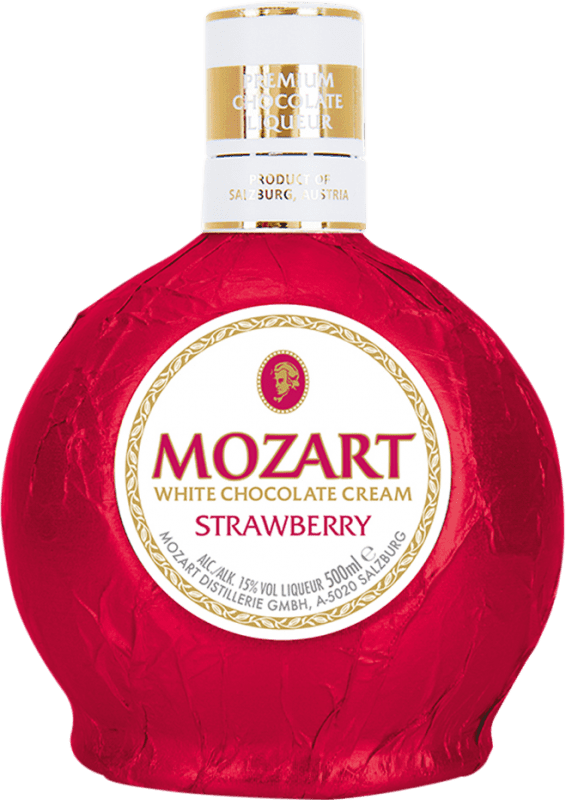 Kostenloser Versand | Cremelikör Suntory Mozart Fresa y Chocolate Blanco Medium Flasche 50 cl