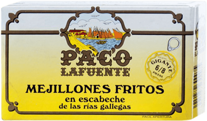 7,95 € Free Shipping | Conservas de Marisco Conservera Gallega Paco Lafuente Mejillones Fritos en Escabeche Gigante 6/8 Pieces