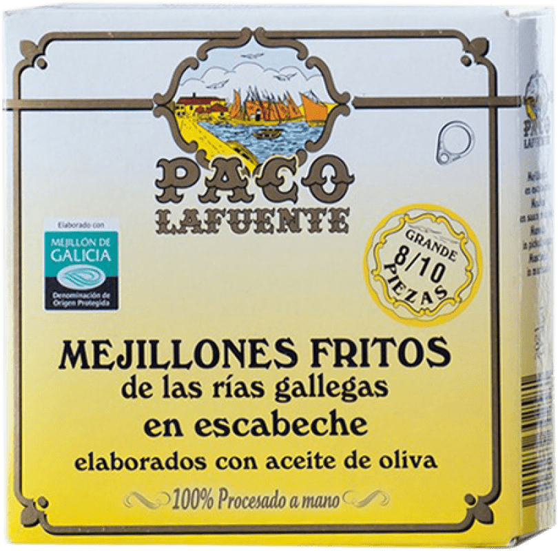 9,95 € Envio grátis | Conservas de Marisco Conservera Gallega Paco Lafuente Mejillones Fritos en Escabeche 8/10 Peças