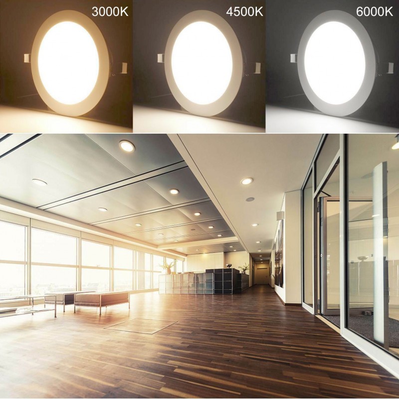 9,95 € Free Shipping | Recessed lighting 24W 2700K Very warm light. Round Shape Ø 30 cm. Downlight LED projector + Driver included. Slimline Extra-flat LED Panel Kitchen, office and store. Aluminum. White Color