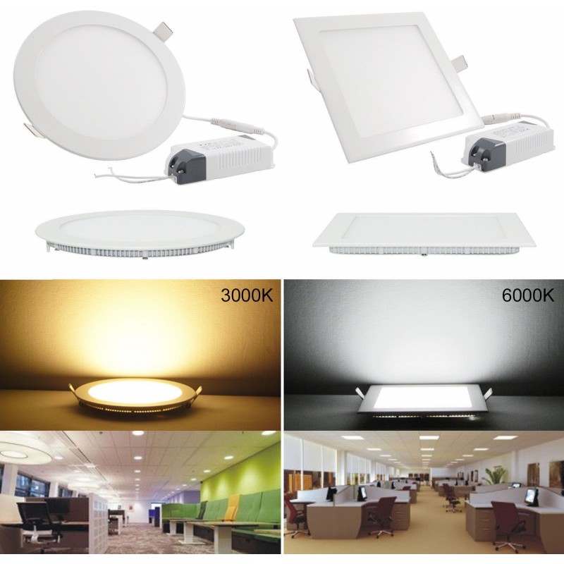 9,95 € Free Shipping | Recessed lighting 24W 2700K Very warm light. Round Shape Ø 30 cm. Downlight LED projector + Driver included. Slimline Extra-flat LED Panel Kitchen, office and store. Aluminum. White Color