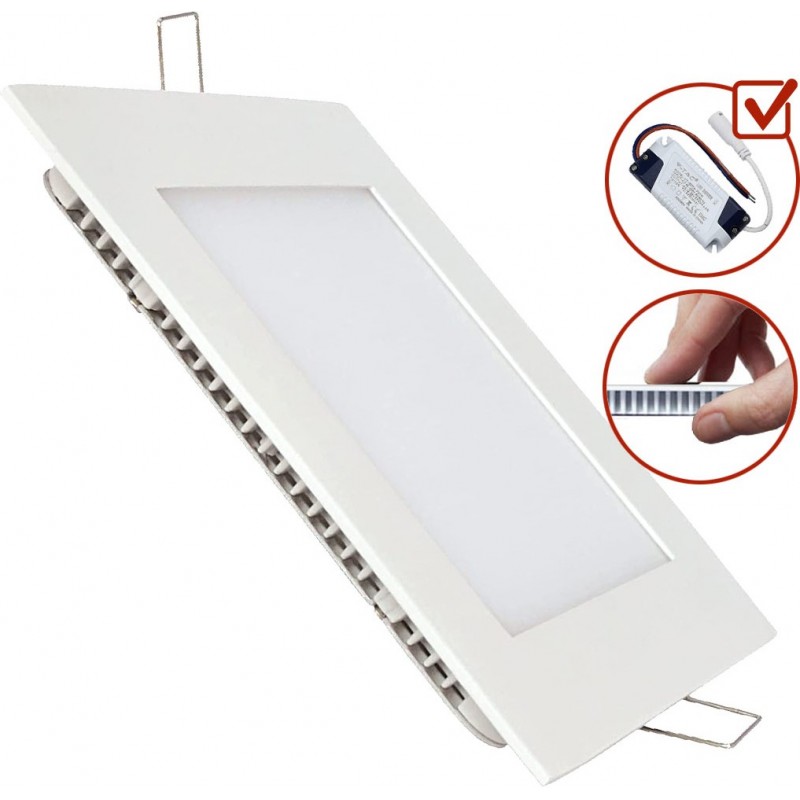 4,95 € Free Shipping | Recessed lighting 12W 3000K Warm light. Square Shape 17×17 cm. Downlight LED projector + Driver included. Slimline Extra-flat LED Panel Kitchen, bathroom and office. Aluminum. White Color