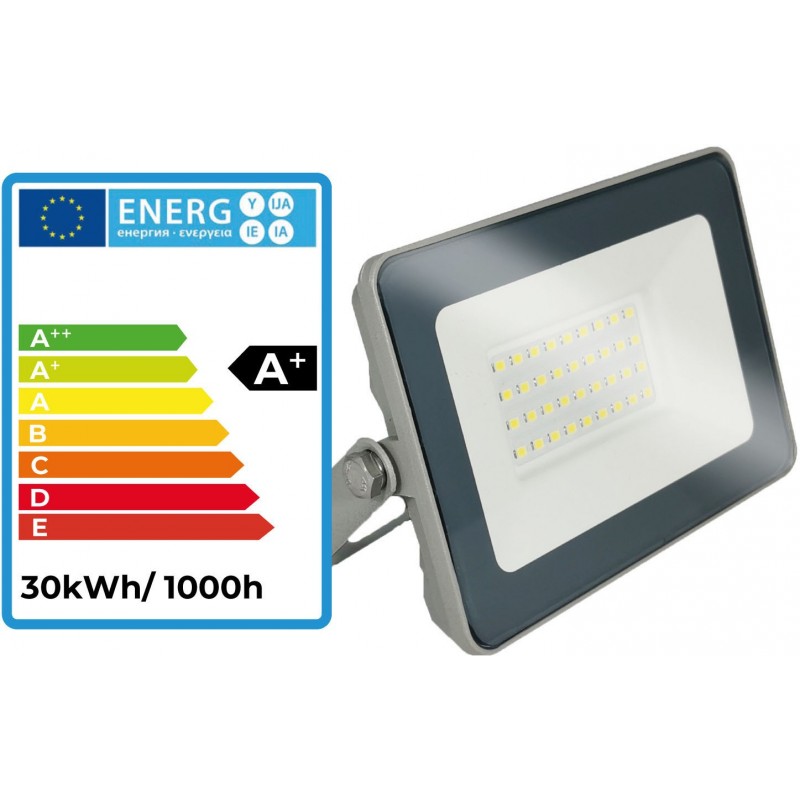 7,95 € Free Shipping | Flood and spotlight 30W 2700K Very warm light. Rectangular Shape 23×15 cm. PROLINE High brightness. EPISTAR 5730 SMD LED Chip Terrace and garden. Aluminum and tempered glass. Gray Color