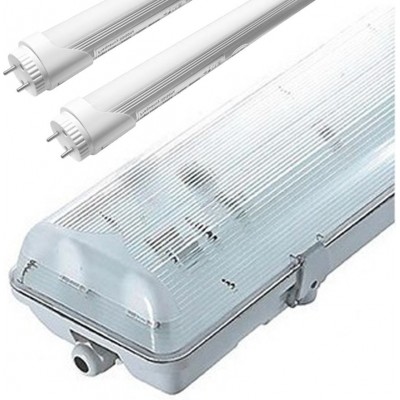 Tubo LED 18W T8 LED 6000K Luz fría. 126×17 cm. Kit 2 × Luminaria de tubo LED profesional + carcasa estanca Almacén, garaje y espacio público. Policarbonato. Color gris