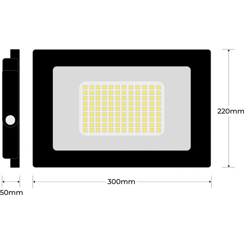 19,95 € Free Shipping | Flood and spotlight 100W 6000K Cold light. Rectangular Shape 30×22 cm. EPISTAR LED SMD IPAD Chip. High brightness. Extra flat Terrace, garden and warehouse. Cast aluminum and Tempered glass. Black Color