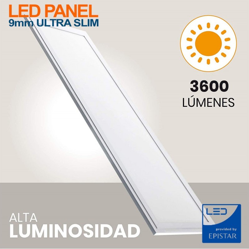208,95 € Free Shipping | 6 units box LED panel 40W LED 6000K Cold light. Rectangular Shape 120×30 cm. Full kit. Slimline Extra-flat LED Panel + Driver + Suspension Cables Office, work zone and warehouse. Pmma and lacquered aluminum. White Color