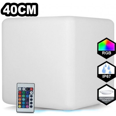 Mobiliario con iluminación LED RGBW 40×40 cm. Cubo de luz LED multicolor RGB inalámbrico. Control remoto. Recargable. 24 LED integrados Polietileno