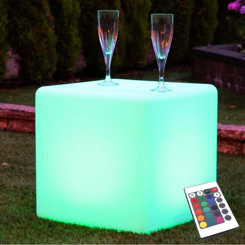 84,95 € Free Shipping | Furniture with lighting LED RGBW Cubic Shape 50×50 cm. Wireless RGB multicolor LED light cube. Remote control. Rechargeable. 24 integrated LEDs Terrace, garden and facilities. Polyethylene