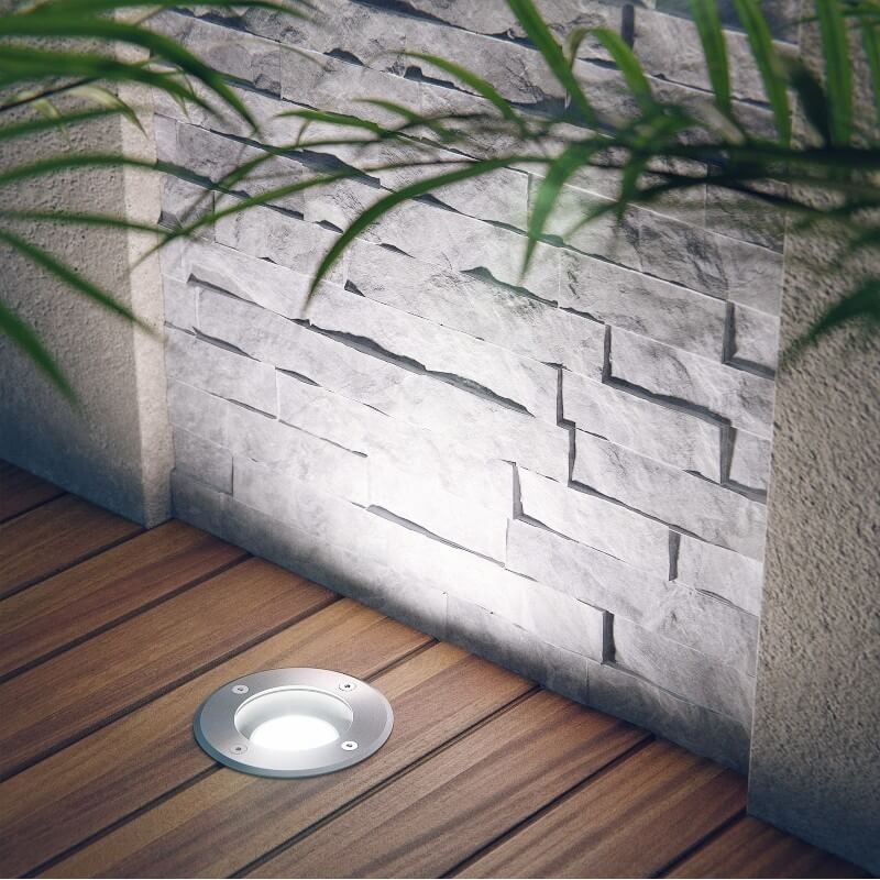 14,95 € Free Shipping | Luminous beacon 7W 6000K Cold light. Round Shape Ø 11 cm. Recessed floor spotlight + LED bulb. Resistant to corrosion, salt and chlorine Terrace and garden. 316 stainless steel. Stainless steel Color