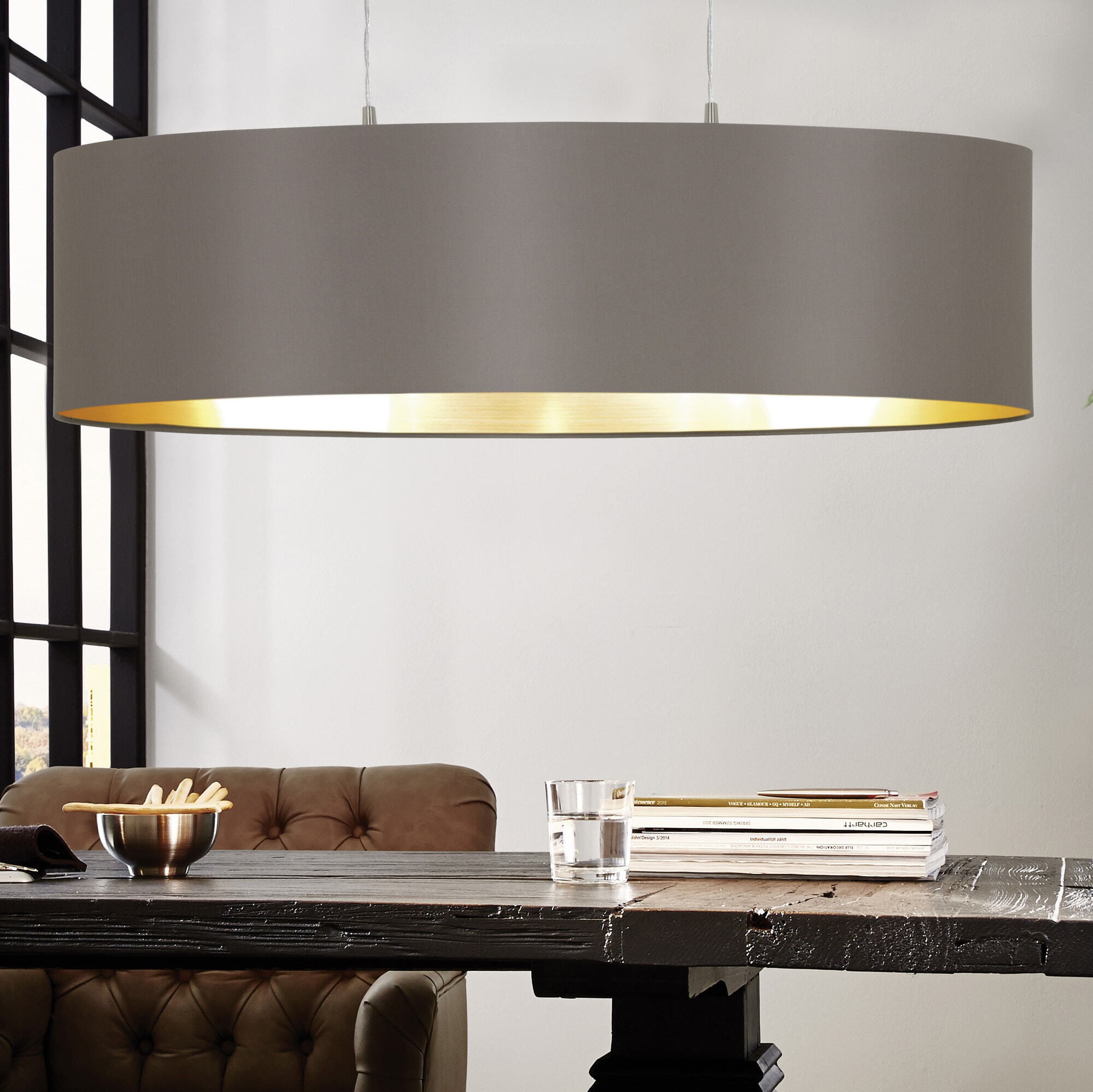 124,95 € Envio grátis | Lâmpada pendurada Eglo Maserlo 120W 110×100 cm. Aço e têxtil. Cor dourado, castanho, níquel, níquel mate e castanho claro