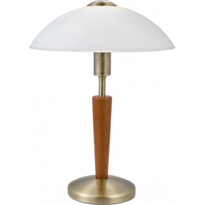 57,95 € Free Shipping | Table lamp Eglo Solo 1 60W Conical Shape Ø 26 cm. Bedroom, office and work zone. Classic Style. Steel, wood and glass. White, brown and oxide Color