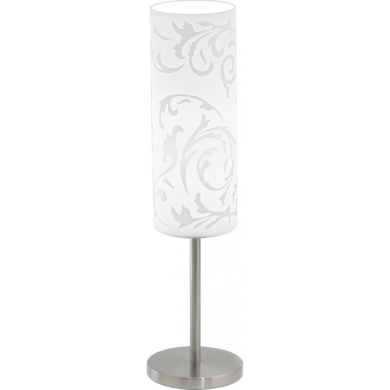Table lamp Eglo Amadora 60W Cylindrical Shape Ø 10 cm. Bedroom, office and work zone. Modern, sophisticated and design Style. Steel, glass and printed glass. White, nickel and matt nickel Color