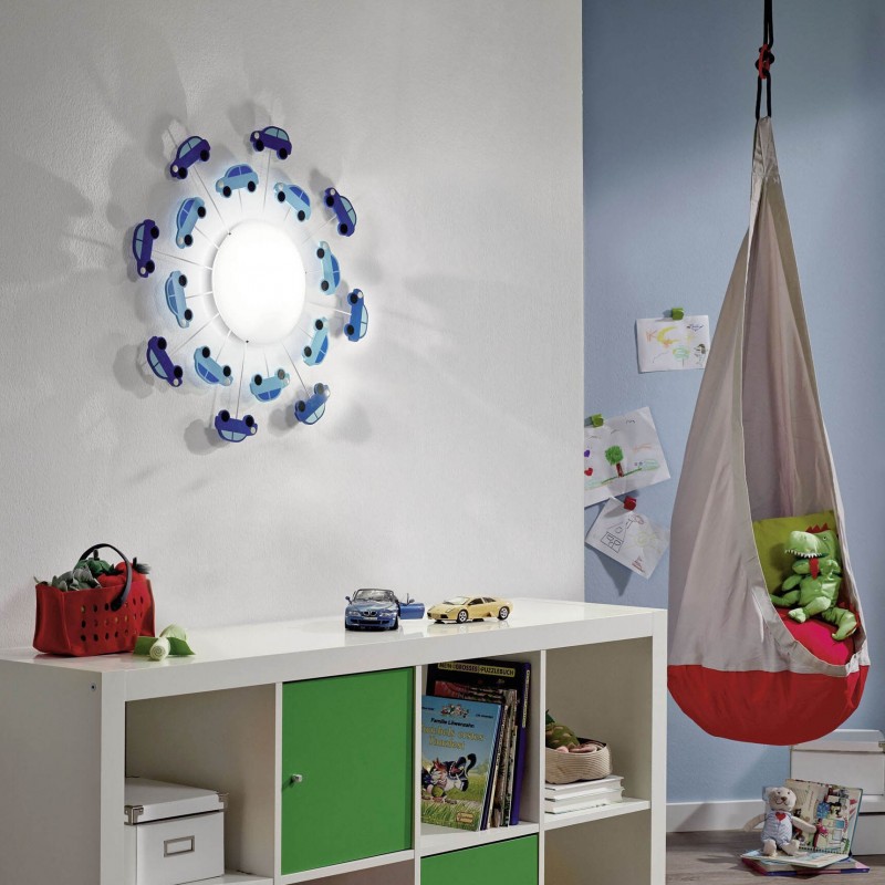 63,95 € Free Shipping | Kids lamp Eglo Viki 1 60W Angular Shape Ø 63 cm. Wall and ceiling lamp Bedroom and kids zone. Design and cool Style. Steel, glass and satin glass. Blue and white Color