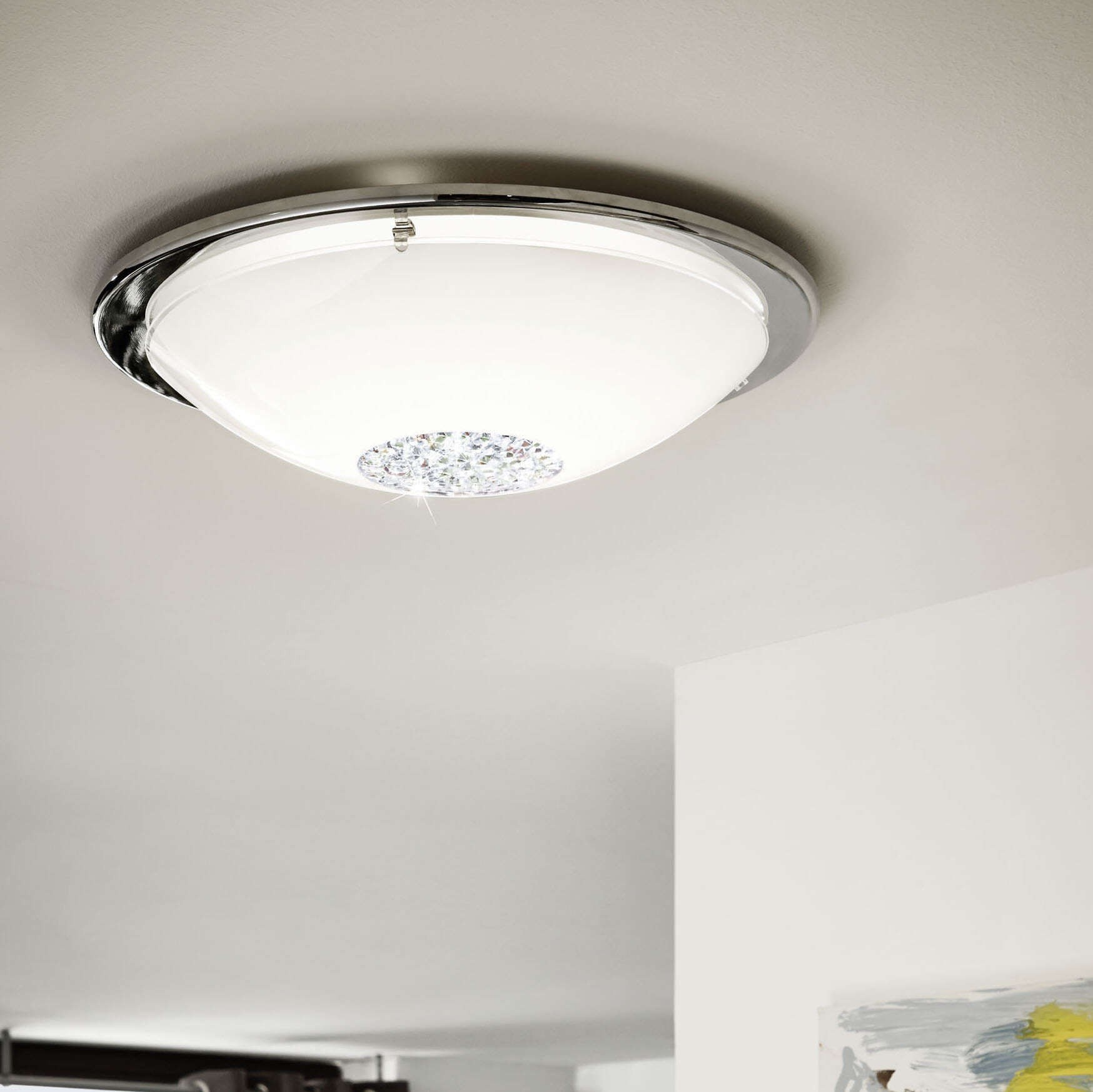 44,95 € Kostenloser Versand | Innendeckenleuchte Eglo Giolina 16W 3000K Warmes Licht. Ø 37 cm. Stahl, kristall und glas. Weiß, überzogenes chrom und silber Farbe