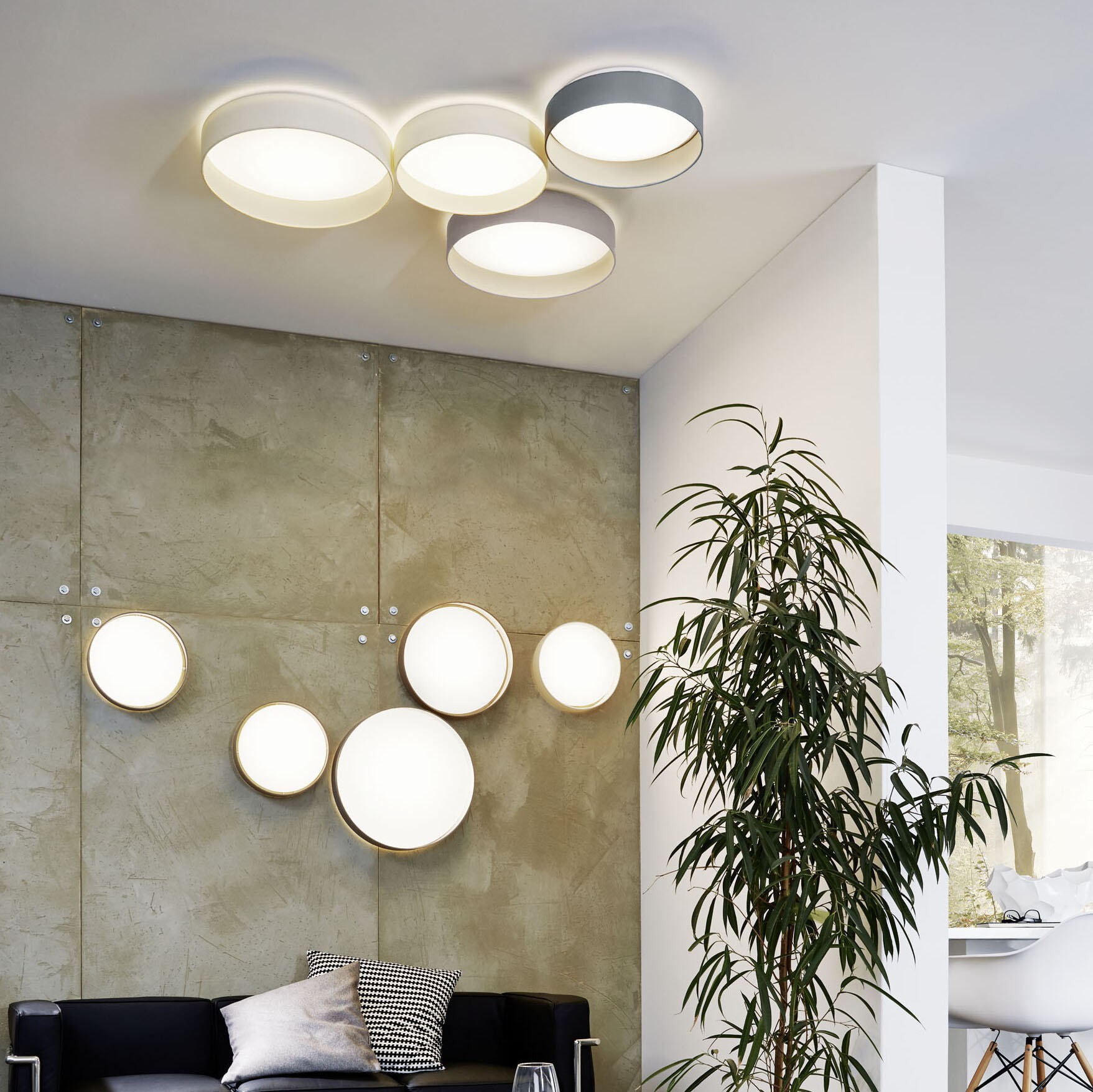 86,95 € Free Shipping | Ceiling lamp Eglo Palomaro 11W 3000K Warm light. Ø 32 cm. Plastic and textile. White and gray Color