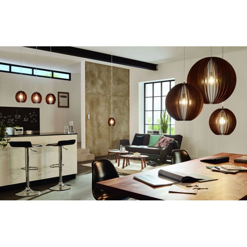 94,95 € Free Shipping | Hanging lamp Eglo Cossano 60W Spherical Shape Ø 70 cm. Living room, kitchen and dining room. Rustic, retro and vintage Style. Steel and wood. Brown, nickel and matt nickel Color
