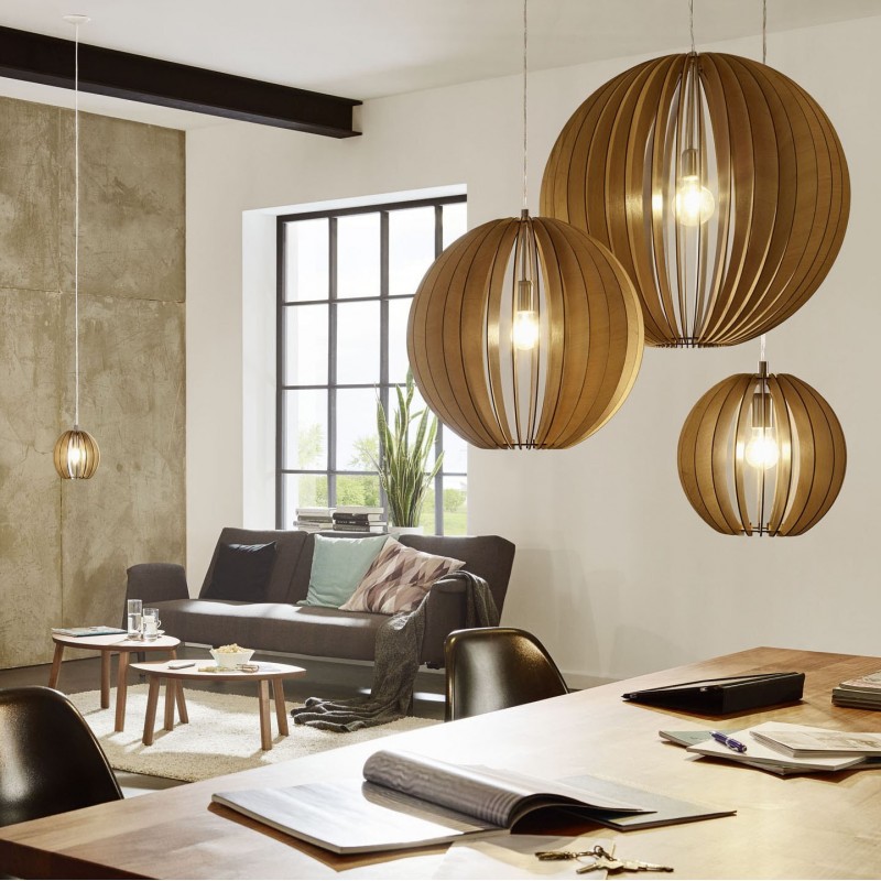 94,95 € Free Shipping | Hanging lamp Eglo Cossano 60W Spherical Shape Ø 70 cm. Living room, kitchen and dining room. Rustic, retro and vintage Style. Steel and wood. Brown, nickel, matt nickel and light brown Color