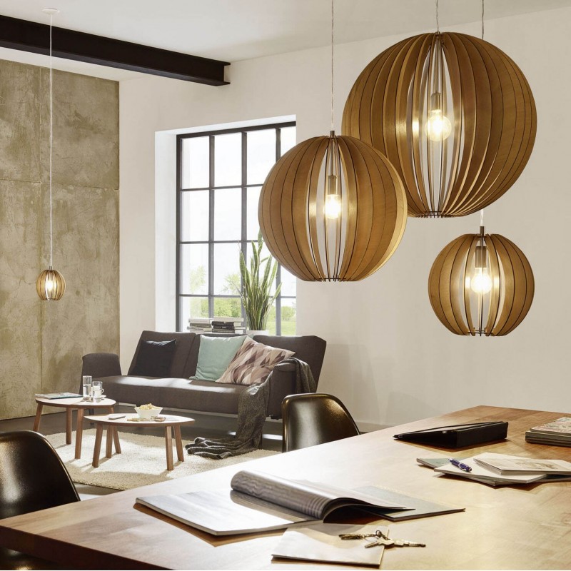 Hanging lamp Eglo Cossano 120W Extended Shape 130×79 cm. Living room, kitchen and dining room. Rustic, retro and vintage Style. Steel and wood. Brown, nickel, matt nickel and light brown Color