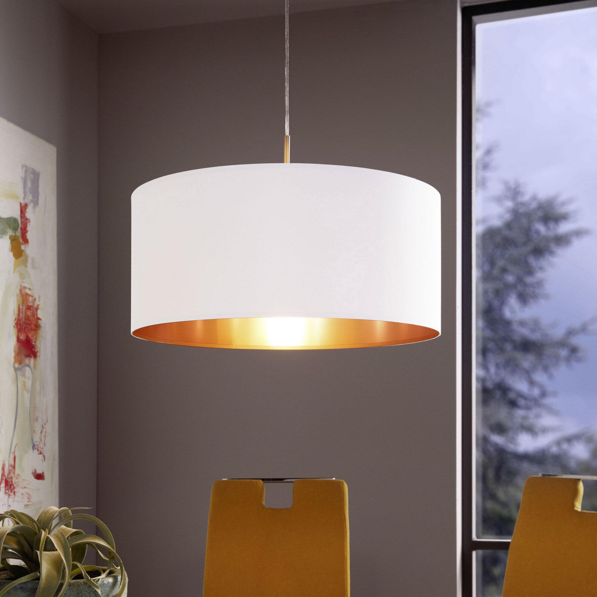 102,95 € Envio grátis | Lâmpada pendurada Eglo Pasteri 60W Ø 53 cm. Aço e têxtil. Cor branco, cobre, dourado, níquel e níquel mate
