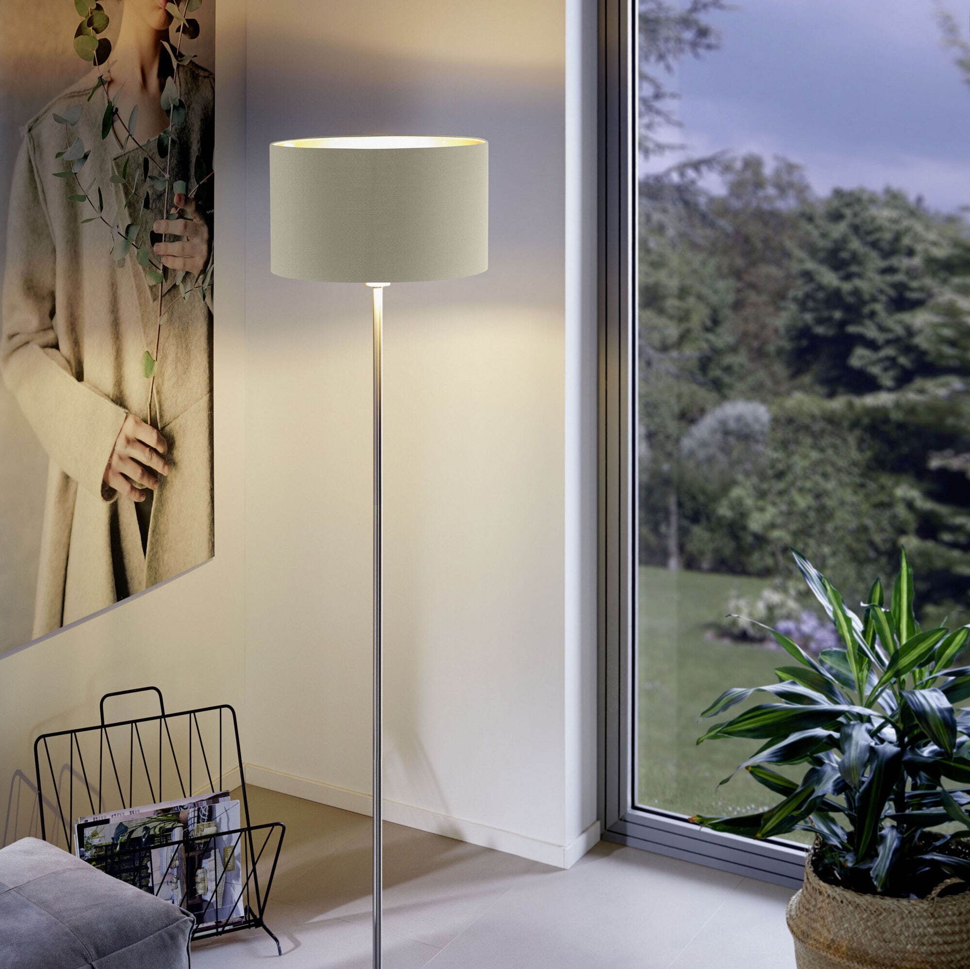 115,95 € Envoi gratuit | Lampadaire Eglo Maserlo 60W Ø 38 cm. Acier et textile. Couleur dorée, gris, nickel et nickel mat