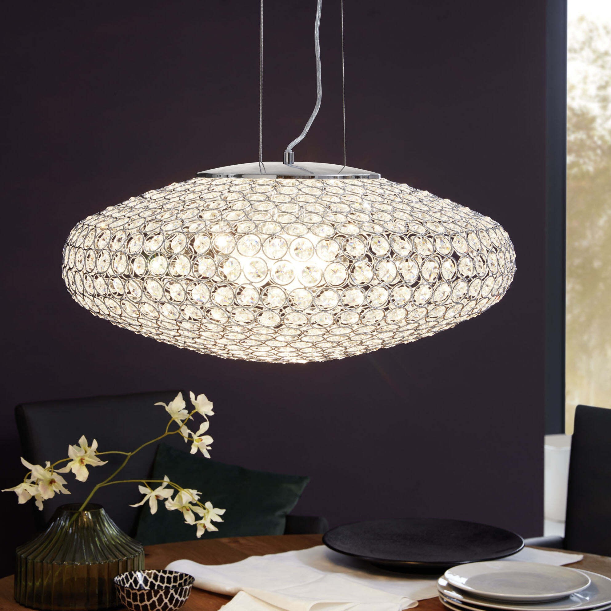308,95 € Free Shipping | Hanging lamp Eglo Clemente 180W Ø 54 cm. Steel and crystal. Plated chrome and silver Color