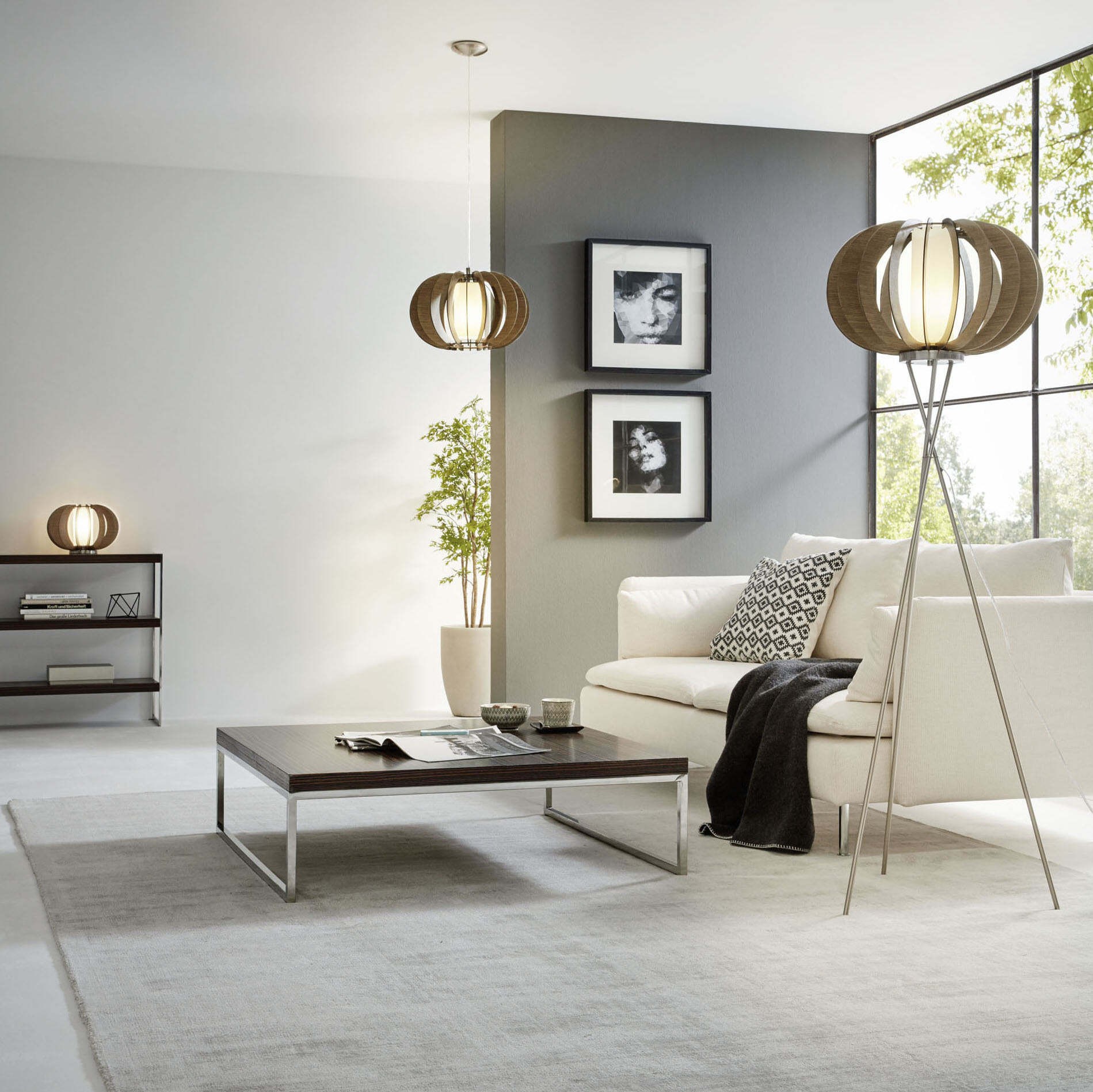74,95 € Envio grátis | Lâmpada pendurada Eglo Stellato 3 60W Ø 50 cm. Aço, madeira e vidro. Cor branco, castanho, níquel e níquel mate