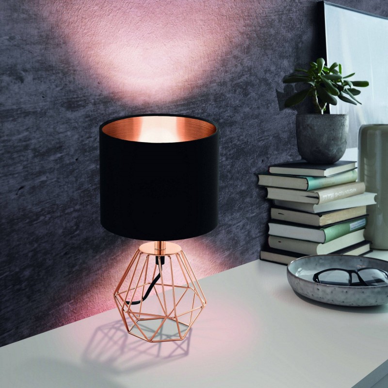 29,95 € Free Shipping | Table lamp Eglo Carlton 2 60W Cylindrical Shape Ø 16 cm. Bedroom, office and work zone. Modern and design Style. Steel and textile. Copper, golden and black Color