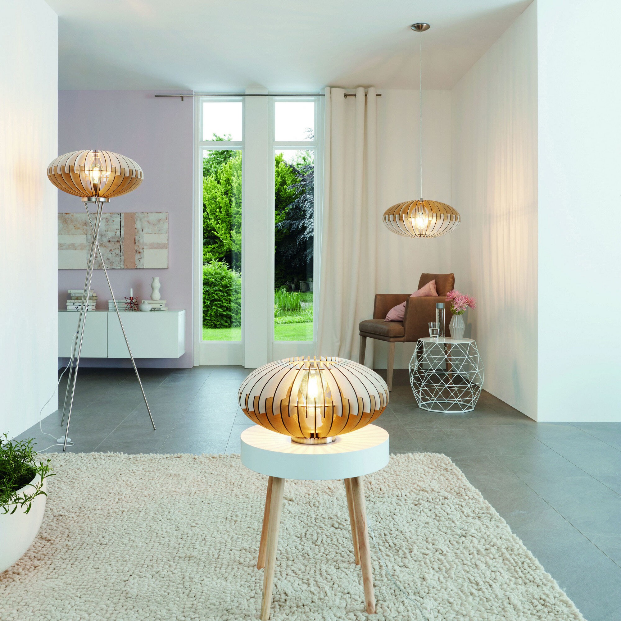 79,95 € Free Shipping | Hanging lamp Eglo Sotos 60W Ø 50 cm. Steel and wood. White, nickel, matt nickel and natural Color