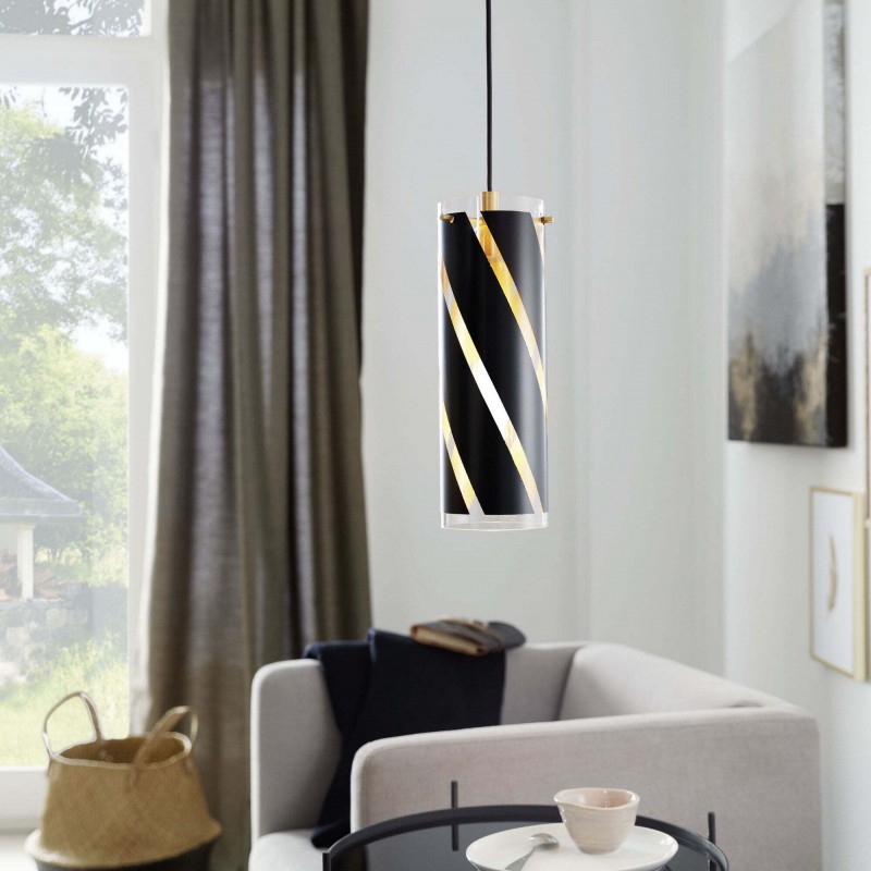 Hanging lamp Eglo Pinto Nero 1 60W Cylindrical Shape Ø 11 cm. Living room and dining room. Modern, sophisticated and design Style. Steel and glass. Golden, black and Color