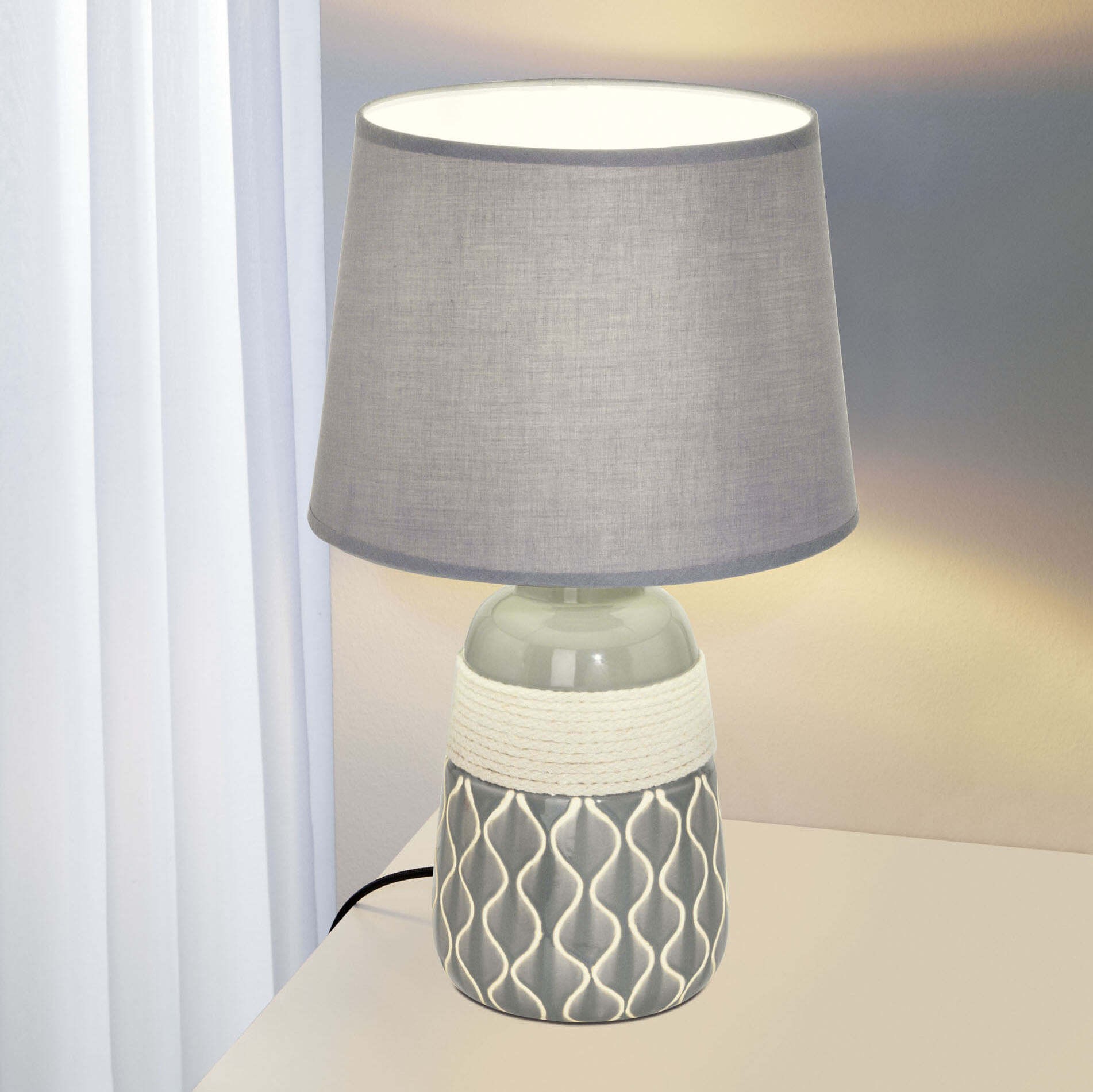 Lampe de table Eglo Bellariva 2 60W Ø 24 cm. Céramique et textile. Couleur beige et gris